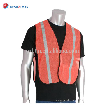 Kundenspezifisches LOGO, das 100% Polyester-Maschen-Breathable Sicherheitsweste-hohe Sicht-orange Arbeits-Weste mit reflektierenden Streifen druckt